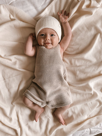 Rib Detail Short Baby Romper - Heather Beige