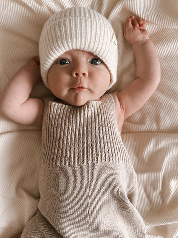 Rib Detail Short Baby Romper - Heather Beige