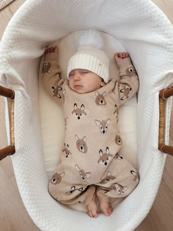 Woodland Friends Knit Jumpsuit – Cozy Organic Cotton Charm