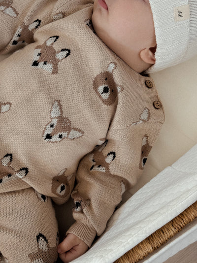 Woodland Friends Knit Jumpsuit – Cozy Organic Cotton Charm
