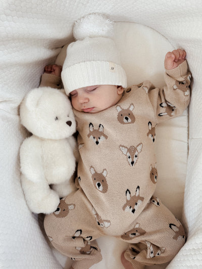 Woodland Friends Knit Jumpsuit – Cozy Organic Cotton Charm