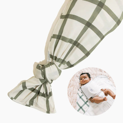 Sage Windowpane Swaddle II swaddle blanket set with off-white fabric, sage grid pattern, and cream snuggle band