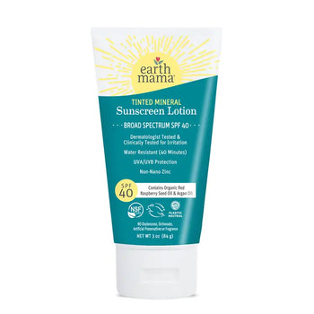 Tube of Earth Mama Tinted Mineral Sunscreen Lotion on a white background