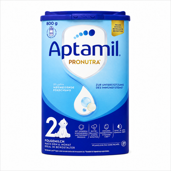 A 800 g canister of Aptamil Pronutra Stage 2 infant formula powder, featuring a blue and white design with German text and a small white bear icon, set against a plain white background.