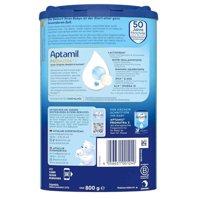 Aptamil Pronutra 2 800g back of can showing Lactofidus, GOS/FOS, DHA and ARA information and barcode