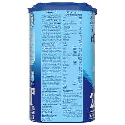 Aptamil Pronutra 2 800g ingredients list and nutrition facts per 100 ml on the can label