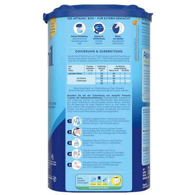 Aptamil Pronutra 2 800g preparation instructions and feeding table on the can label