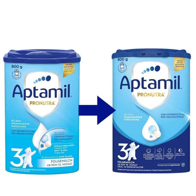 Aptamil Pronutra 3 800g old packaging compared with new packaging design – same recipe
