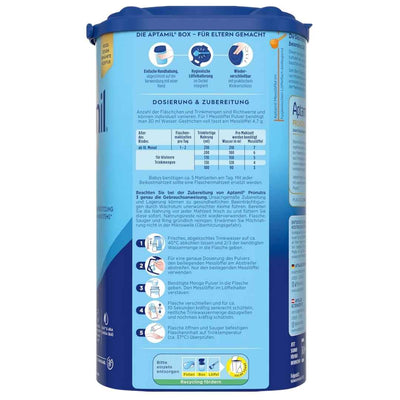 Aptamil Pronutra 3 800g preparation instructions and feeding table on the can label