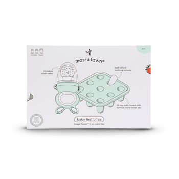 Moss & Fawn Baby First Bites bundle with forage feeder and ice cube tray displayed together