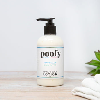 Poofy Organics Baby Lotion Naturally Unscented 8oz bottle on plain background