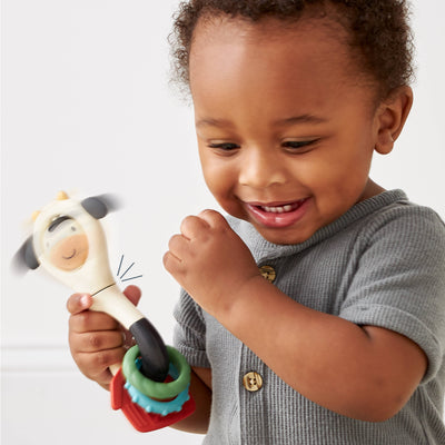 Itzy Spinne Rattle Cow Sensory Toy & Teether – Multi-Activity Baby Toy