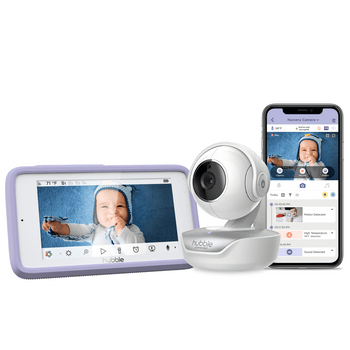 Hubble Nursery Pal Premium baby monitor with 5-inch touchscreen and pan tilt camera setup in nursery