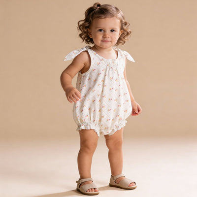 Makemake Organics Organic Tie Shoulder Bubble Romper - Spring Weave