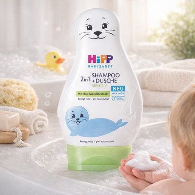 Hipp baby shampoo and shower bottle with a child holding soap bubbles in a bathtub setting.