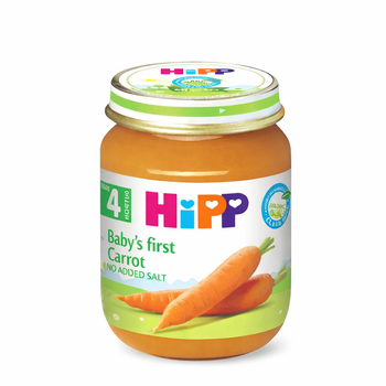 Jar of Hipp baby food with carrots on a white background
