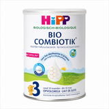 A canister of Hipp Bio Combiotik Stage 3 follow-up milk powder, featuring a white container with colorful branding and illustrations of a bear, mountains, and a milk drop on a white background.