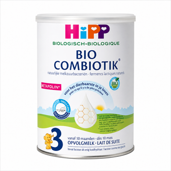 A canister of Hipp Bio Combiotik Stage 3 follow-up milk powder, featuring a white container with colorful branding and illustrations of a bear, mountains, and a milk drop on a white background.