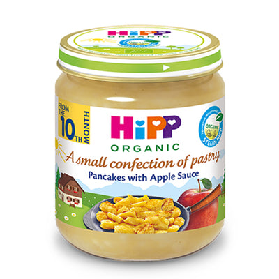 Hipp organic baby food jar with colorful label on a white background