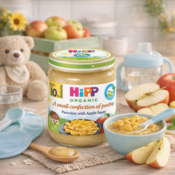 Hipp organic baby food jar with baby accessories on a table