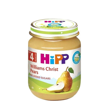 Jar of Hipp Williams Christ Pears baby food on a white background