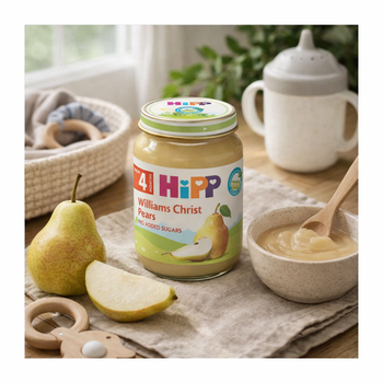 Hipp baby food jar with pears on a table