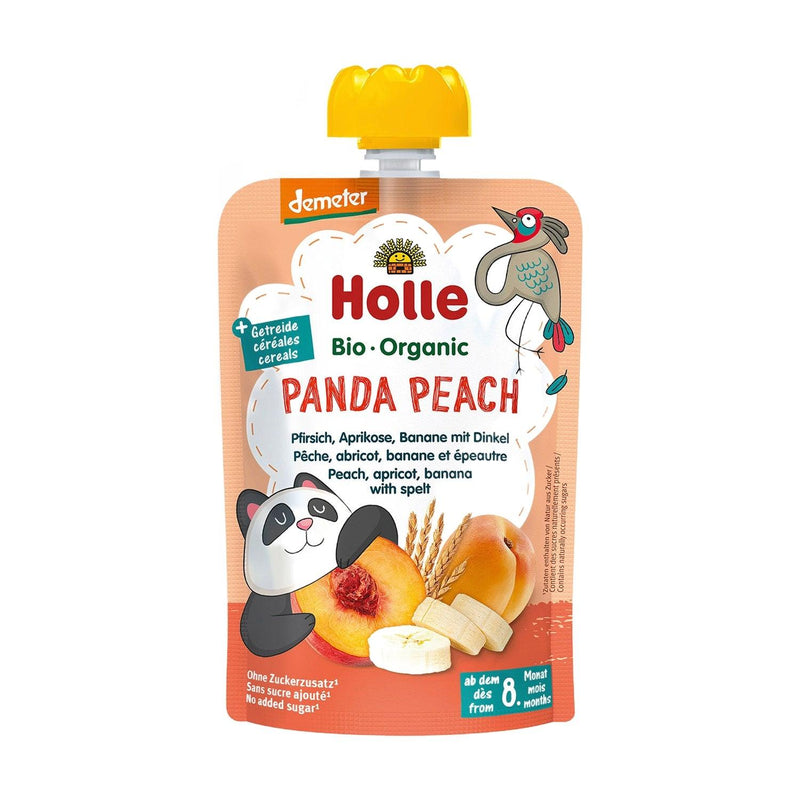 Holle Baby Food Pouches - Organic Fruit & Grain Puree - Panda Peach - Euromallusa