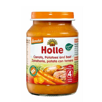 Holle baby food jar with carrots, potatoes, and beef on a white background
