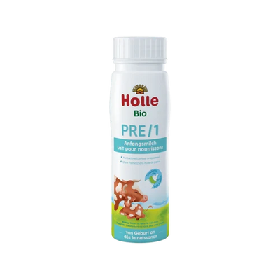 Holle Bio PRE/1 baby formula bottle on a white background