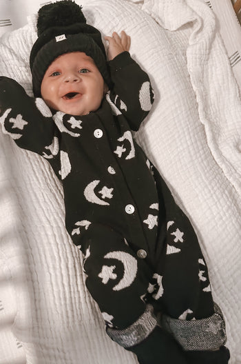 Midnight Moon & Stars Knit Jumpsuit – Celestial Comfort in Organic Cotton