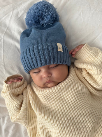 Organic Cotton Baby Pom Beanie – Denim Blue