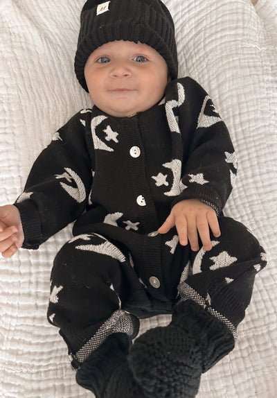 Midnight Moon & Stars Knit Jumpsuit – Celestial Comfort in Organic Cotton