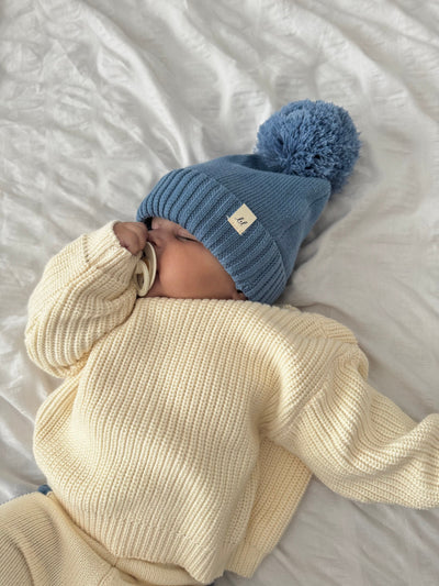 Organic Cotton Baby Pom Beanie – Denim Blue