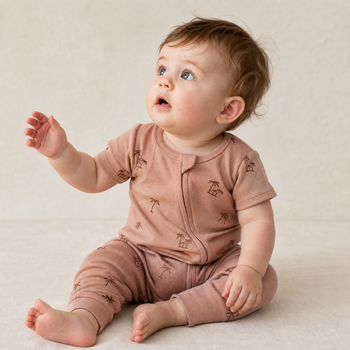 Makemake Organics Organic Short Sleeve Zip Romper - Island Palm