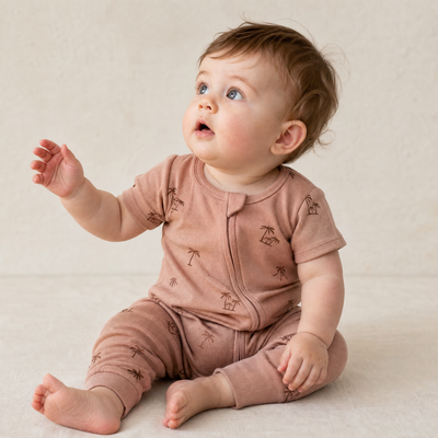 Makemake Organics Organic Short Sleeve Zip Romper - Island Palm
