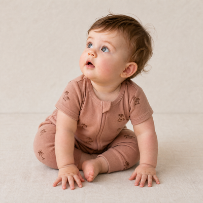 Makemake Organics Organic Short Sleeve Zip Romper - Island Palm