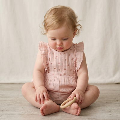 Makemake Organics Organic Embroidered Ruffle Romper - Blush