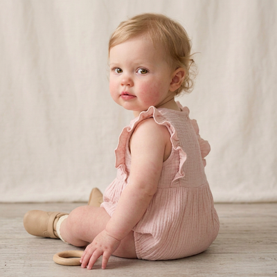 Makemake Organics Organic Embroidered Ruffle Romper - Blush