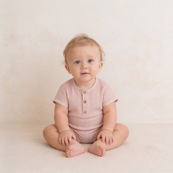 Makemake Organics Organic Short Bubble Romper - Coral Stripes
