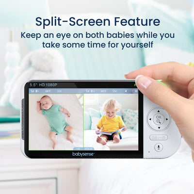 Babysense Max View: Video Baby Monitor with 2 Cameras, Non Wifi, Split Screen, Night Light & Sound Machine