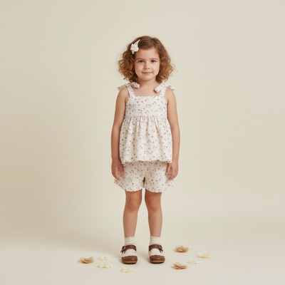 Makemake Organics Organic Tie Up Top & Shorts Set - Pink Bloom