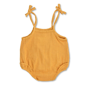 Apple Park Muslin Ruffle Romper with Ties - Mustard