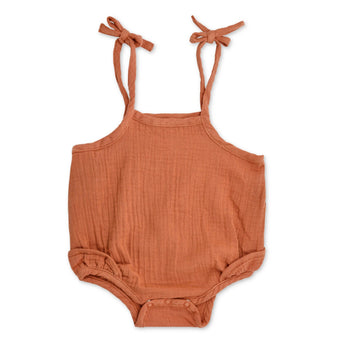 Apple Park Muslin Ruffle Romper with Ties - Rust