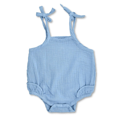 Apple Park Muslin Ruffle Romper with Ties - Blue