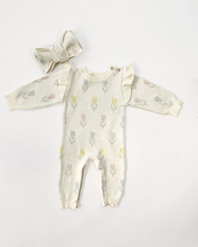Tulip Jacquard Jumpsuit with Matching Bow – Organic Spring Style