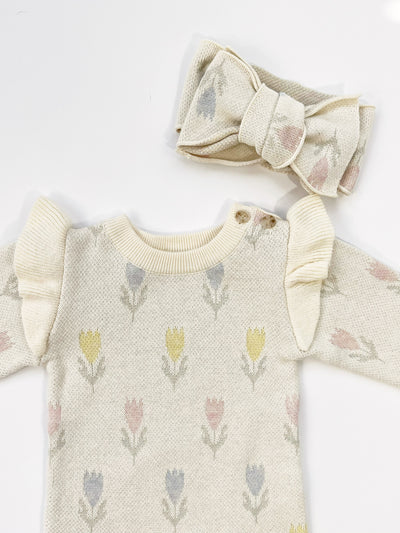 Tulip Jacquard Jumpsuit with Matching Bow – Organic Spring Style